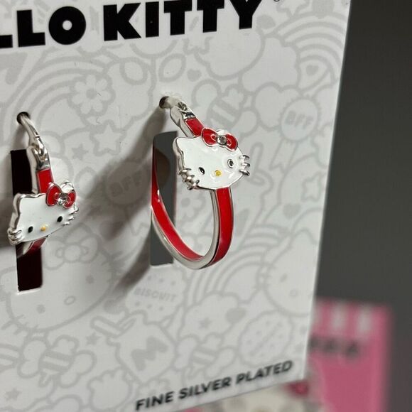 Hello kitty silver plated hoop earrings red white new - Picture 4 of 10